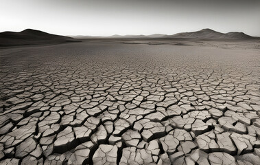 A dry barren landscape with a vast expanse of cracked dry earth.