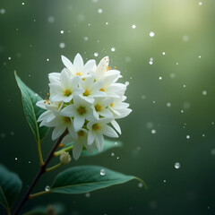 A delicate cluster of white flowers blooms gracefully amid soft rain droplets, set against a serene green background.