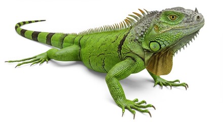 Striking Green Iguana Portrait A Captivating Reptile with Detailed Scales and Vibrant Color on a Clean White Background Perfect for Educational and Wildlife Projects