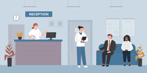 Queue at clinic for doctor appointment. Various sick people are waiting in lobby for therapist or specialist. Reception, doctor or nurse in the hospital corridor. Medical care