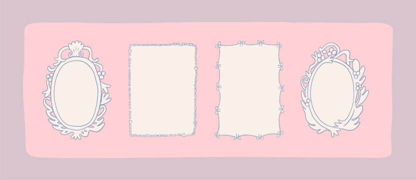 Coquette rococo frames collection. Mermaid summer sea border set. Beautiful whimsical wedding frame design. Hand drawn whimsy mermaidcore vector borders design. Vintage oval elegant empty frame