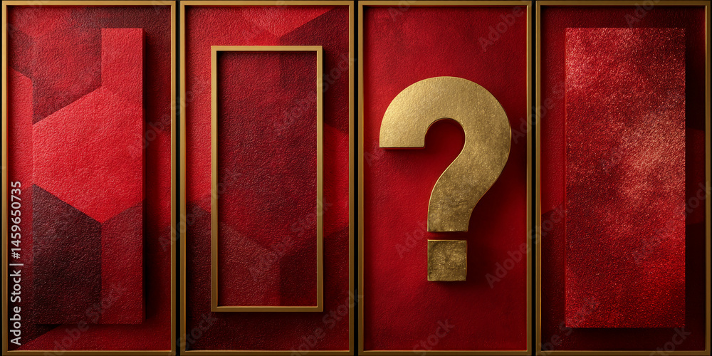 Poster Red textured background with golden frames and a central gold question mark, creating a luxurious and enigmatic showcase ideal for presentations or announcements