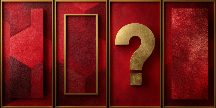 Red textured background with golden frames and a central gold question mark, creating a luxurious and enigmatic showcase ideal for presentations or announcements