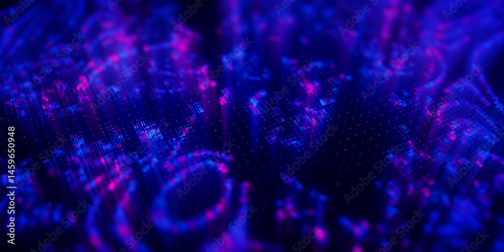Poster Big Data clusters complex graph. Quantum computing patterns. Cyber space of AI technology neural connections. Futuristic graph. Digital information presentation. 
