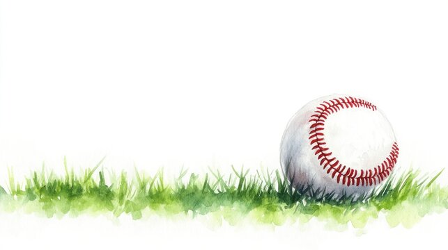 Watercolor baseball on grass sport summer game concept