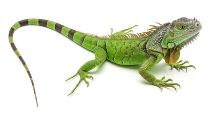 Fototapeta premium Striking Green Iguana Portrait Captures Wildlife Beauty Close-Up Against White Backdrop for Conservation and Exotic Pet Concepts