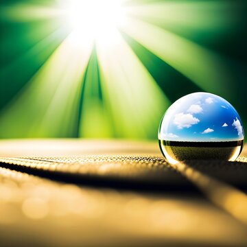 A glass ball containing a sunny day in a green landscape sheltered from the blazing sun.