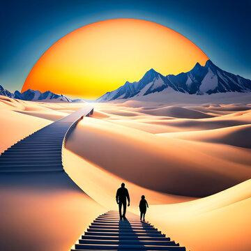 A father and child walking up a staircase in a desert landscape.