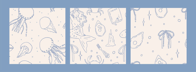 Whimsical mermaidcore seamless pattern set. Mediterranean background design. Blue summer coastal backdrop ornate. Decorative ornament. Siren witchery sea, ocean aesthetic vector wallpaper collection