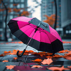 A vibrant pink-and-black umbrella lies abandoned on a rainy city sidewalk, surrounded by wet autumn leaves and high-rise buildings.