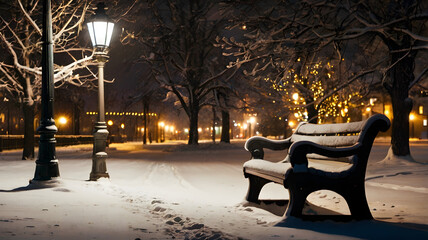 Snowy Park Bench at Night