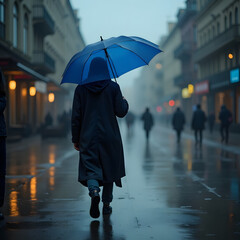 A solitary person walks down a misty, rain-soaked city street holding a blue umbrella, surrounded by soft lights and blurred figures in the distance.