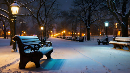 Snowy Park Bench at Night