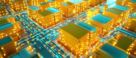 Abstract golden blocks and glowing connections