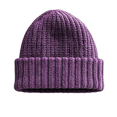 Close-up studio image of a cozy, knitted purple beanie against a black background