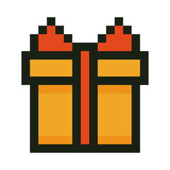 Pixel art gift box with ribbon and bow emoji. Retro 8 bit style yellow and red present icon. Ideal for holidays, Christmas, birthdays or game design. Vector illustration isolated on white background.