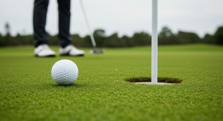 Obraz premium Close up of a golf ball near the hole on the green, ready to be putted by a golfer in the background. Focus on precision and the games challenge.