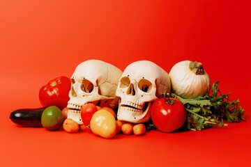 Still life with skulls and vegetables