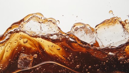 Brown soda with ice cubes, splashing