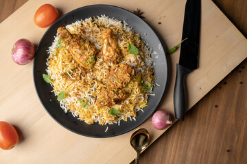 Spicy chicken biryani in pot. served with onion raita	