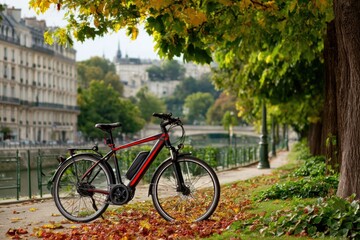 An electric bicycle parked by the Seine River in Paris during autumn, fallen leaves, with a picturesque urban backdrop featuring historic buildings and a scenic river view.