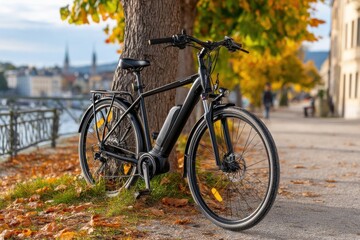 Fototapeta premium A sleek black electric bicycle is parked against a tree on a picturesque autumn day, with fallen leaves scattered on the ground and a city skyline in the distance.