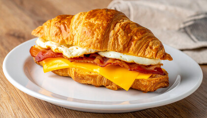 Delicious croissant burger with fried egg, cheddar cheese, bacon. Tasty fast food. Appetizing snack