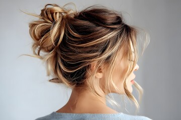A detailed view of a woman's elegantly styled hair in a messy bun with loose strands framing her face against a soft gray background