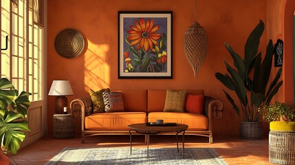 Sunlit orange living room with vibrant artwork and comfy furniture.