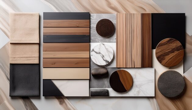 elegant architect moodboard flat lay composition in light grey black and brown color palette with textile and paint samples wooden panels and marble generative ai