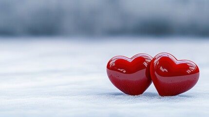Fototapeta premium Two red glossy hearts on soft blue background romantic love valentine concept