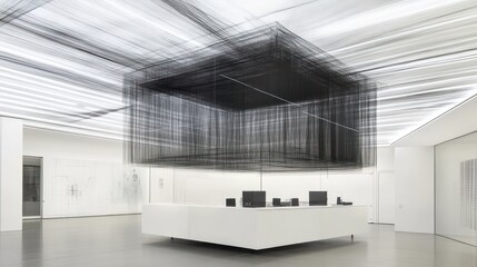 Abstract black string art cube installation