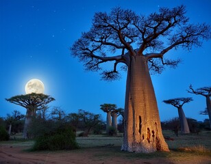 Fototapeta premium enchanting full moon over african baobab trees at night