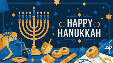 Festive Hanukkah Celebration with Menorah Candles Dreidels Gelt and Wrapped Gifts Traditional Jewish Holiday Background with Blue and Gold Decor Happy Hanukkah Greeting Card with Starry Confetti