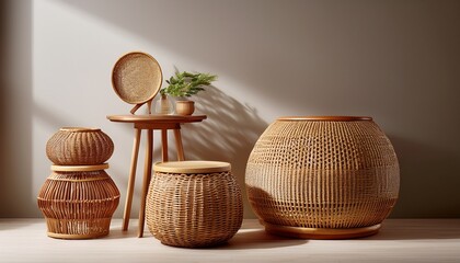 a variety of natural handcrafted wicker and rattan furniture items including a round side table a cylindrical storage basket and a woven stool showcasing the earthy