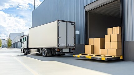 Logistics and Delivery: Modern Truck Unloading Cardboard Boxes at a Warehouse