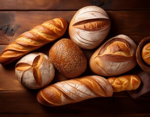 rustic loaves of bread and buns are arranged on a wooden surface captured in a still life from a top down perspective