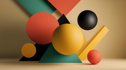 Memphis geometric shapes with bold color palette.