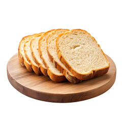 Sliced white bread on wooden cutting board, fresh bakery food isolated on white background