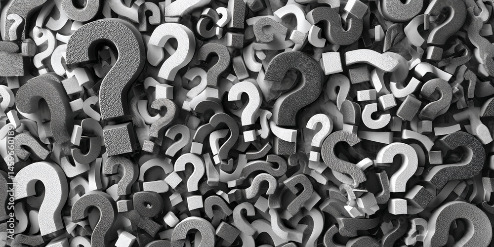 Poster Pile of gray and white question marks, textured surface, creating a dense background symbolizing uncertainty, inquiry, or problem-solving