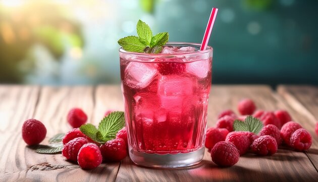 refreshing raspberry drink with straw in glass raspberries and mint scattered around the table