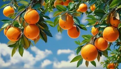 ripe oranges hang amongst green leaves on tree branches against a soft blue sky