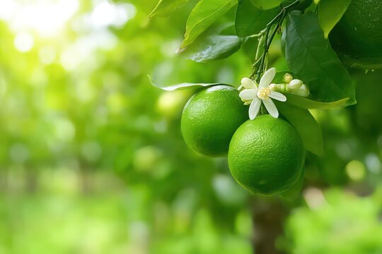 Close-up green lime with flower hanging on tree in lime farm