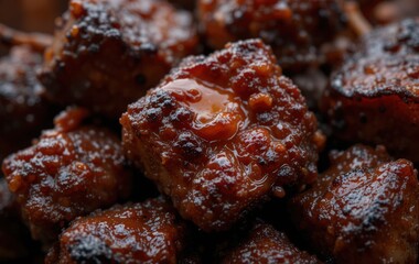 Extreme close-up of caramelized, fatty burnt ends with glistening sauce, highlighting the texture and juiciness.