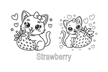 Kawaii Kitten Hugging Strawberry – Cute Cartoon Coloring Page Line Art