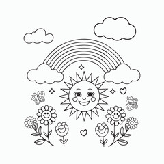 Summer Floral Coloring Page – Cheerful Sun, Smiling Flowers, and Rainbow for Kids