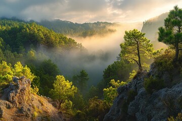 Misty mountain valley at sunrise, lush green forest, rocky cliffs