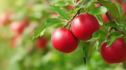 Obraz premium Red apples hanging on branch