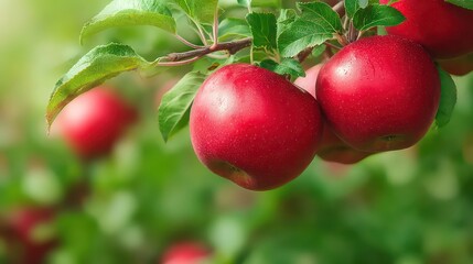 Red apples hanging on branch