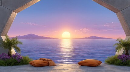 Outdoor therapy session in eco dome overlooking serene sea at sunset relaxation nature tranquility